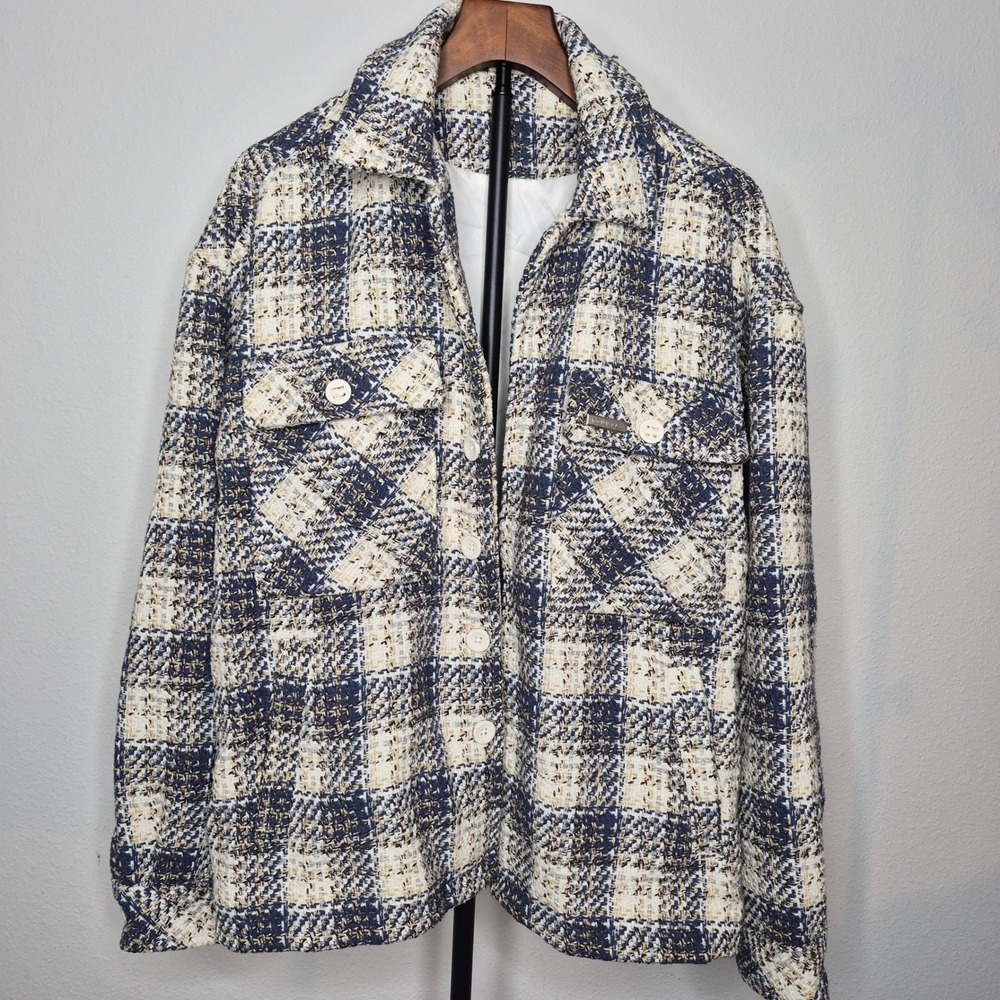 YoungLA Woven Mens Blue Cream Plaid Tweed Button Down Shirt Jacket Coat LA2681 M